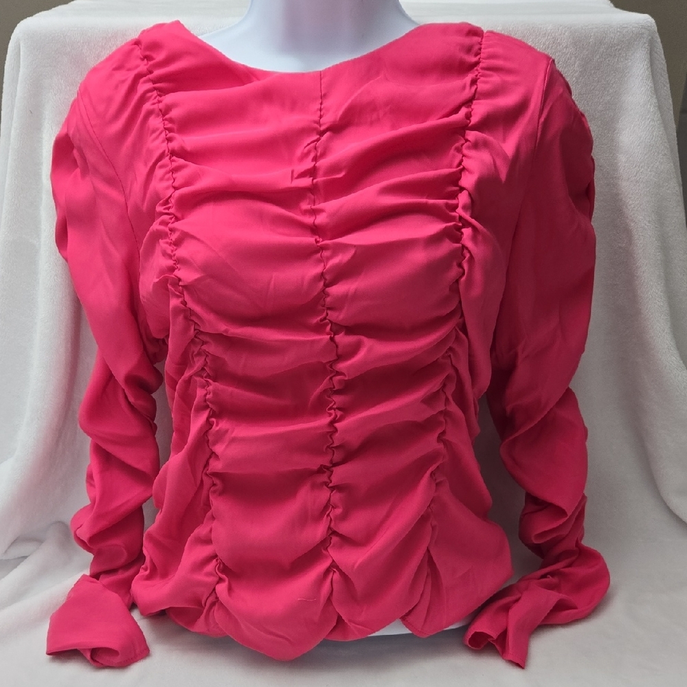 Topshop‎ Pink Puff Sleeve Ruched Blouse, Size 8